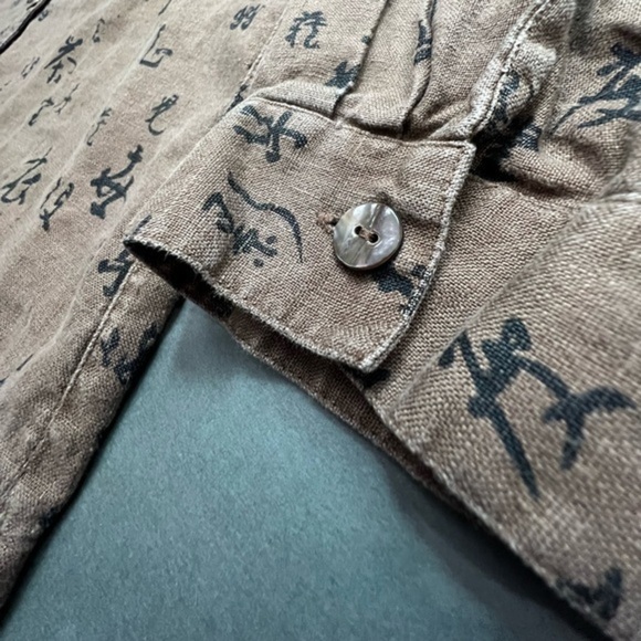 Linen Japanese Kanji Allover Print Boxy Luxury Streetwear Long Sleeve Shirt - Picture 8 of 11